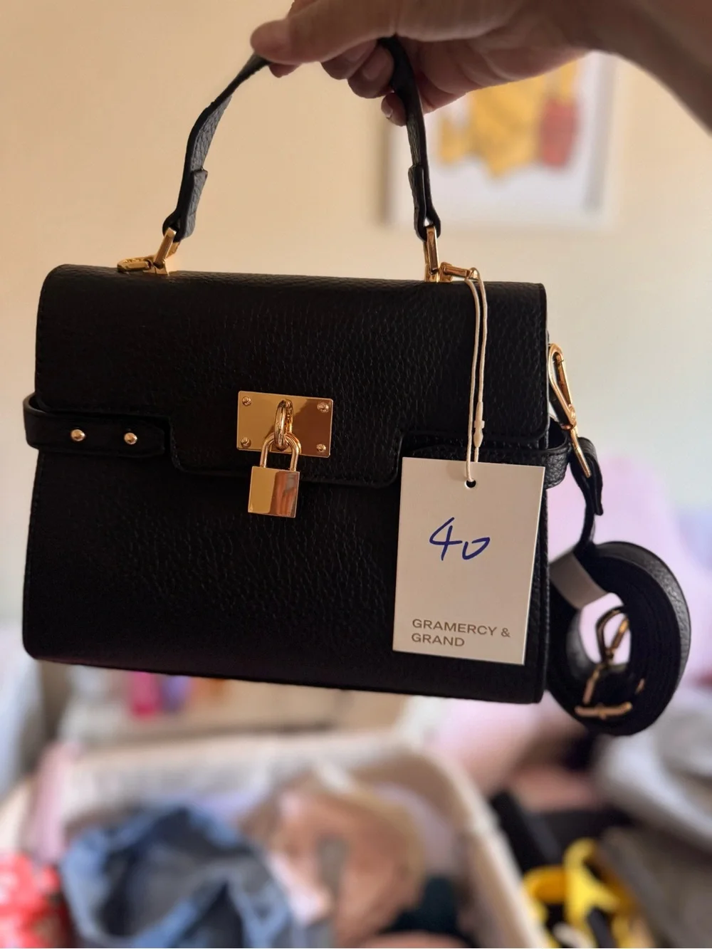 Gramercy & Grand Black Leather Top-Handle Satchel with Gold Lock